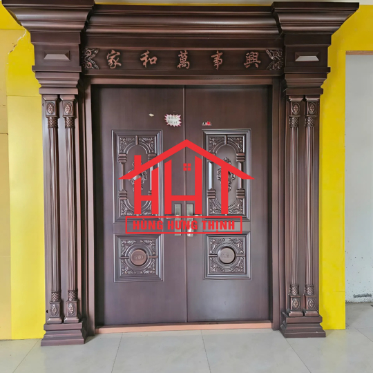 Mẫu cửa đi thép vân gỗ 4 cánh cao cấp sơn roman đồng Đắk Lắk